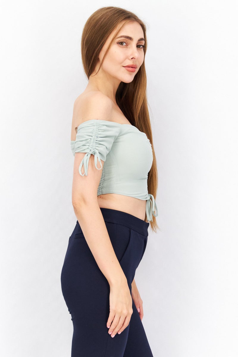 NA-KD Pamela x NA-KD Reborn Women Off Shoulder Short Sleeves Plain Cropped Top, Green - Image 2